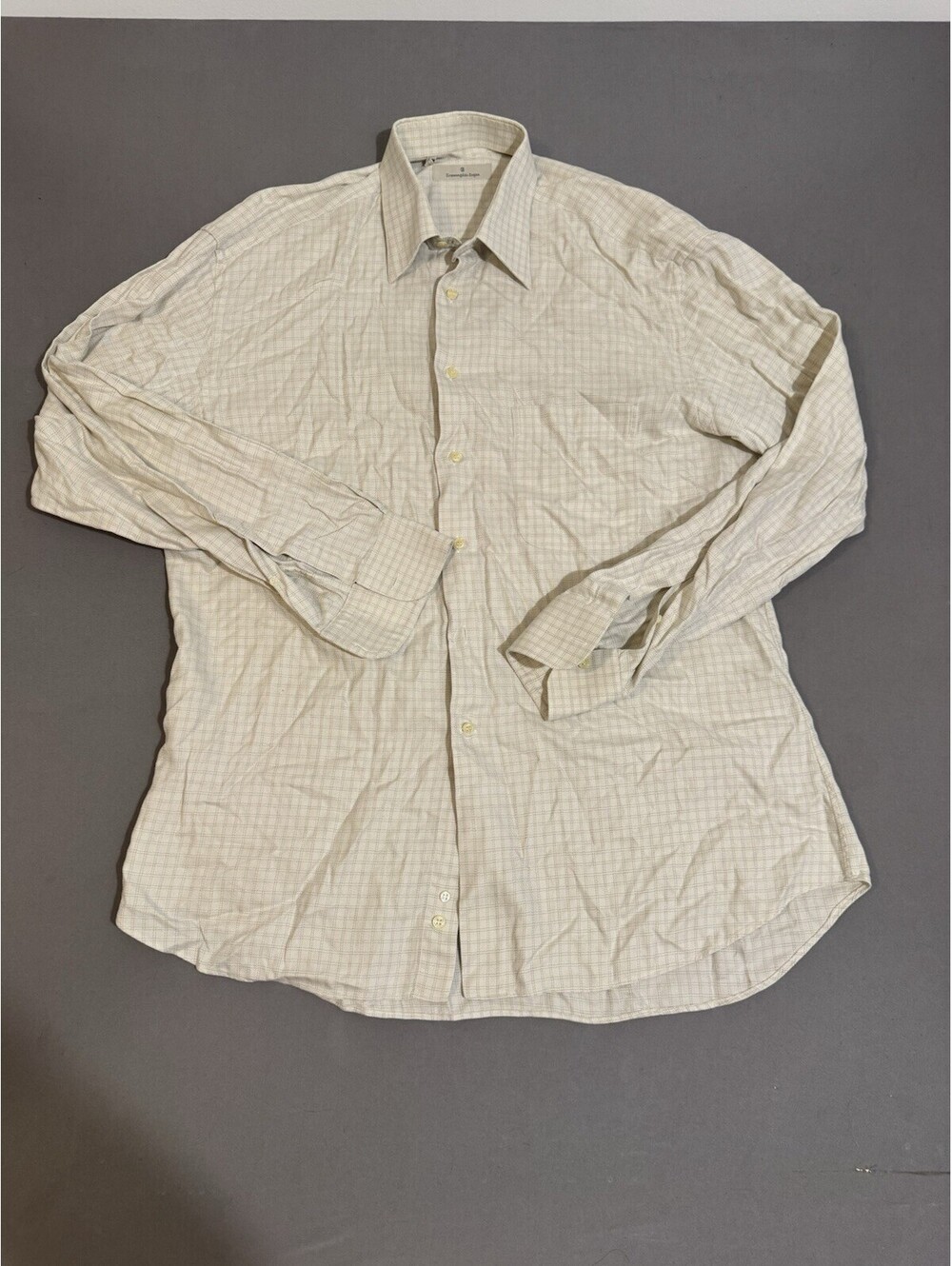 Ermenegildo Zegna Men's Beige Checkered Cotton Regular Fit Dress Shirt 16/41